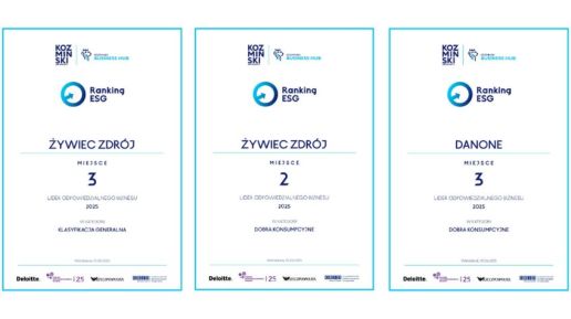 DANONE I ŻYWIEC ZDRÓJ NA PODIUM BRANŻY „DOBRA KONSUMPCYJNE” W ,,RANKINGU ESG. ODPOWIEDZIALNE ZARZĄDZANIE”. ŻYWIEC ZDRÓJ NA 3. MIEJSCU KLASYFIKACJI GENERALNEJ.
